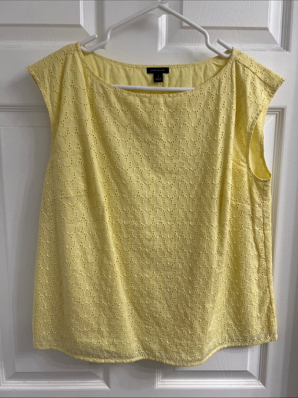 Ann Taylor Pale Yellow Eyelet Cap-Sleeve Blouse